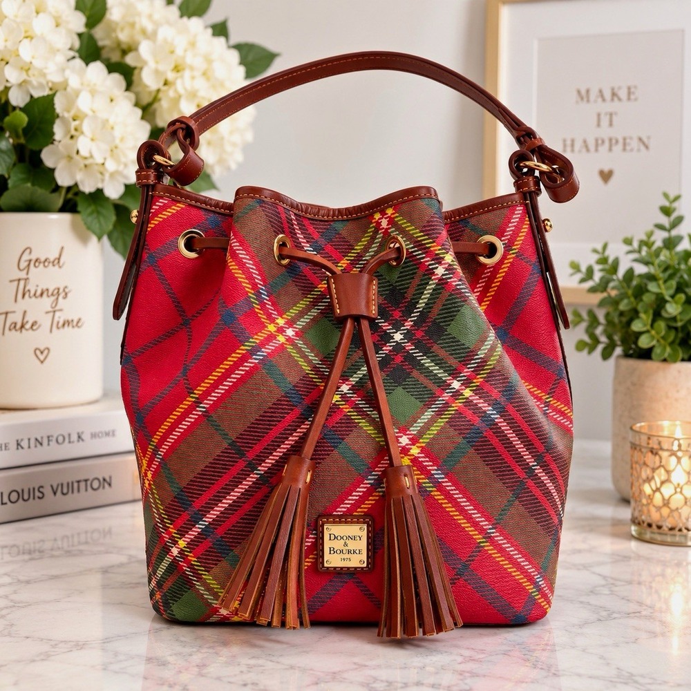 Dooney & Bourke Plaid Bucket Drawstring Shoulder Bag Red Green Tassel Logo